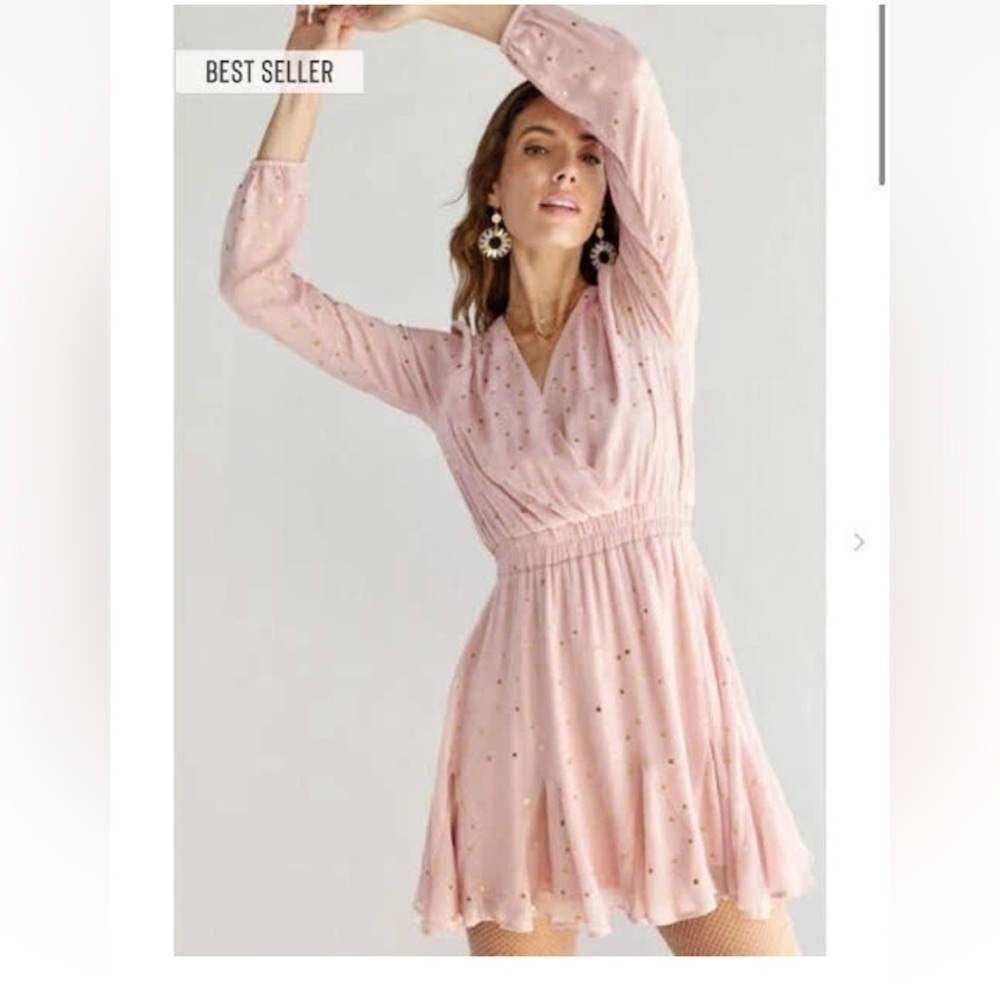 Row A Pink Star Print Chiffon Dress Long Sleeve Wrap Size Small NWT